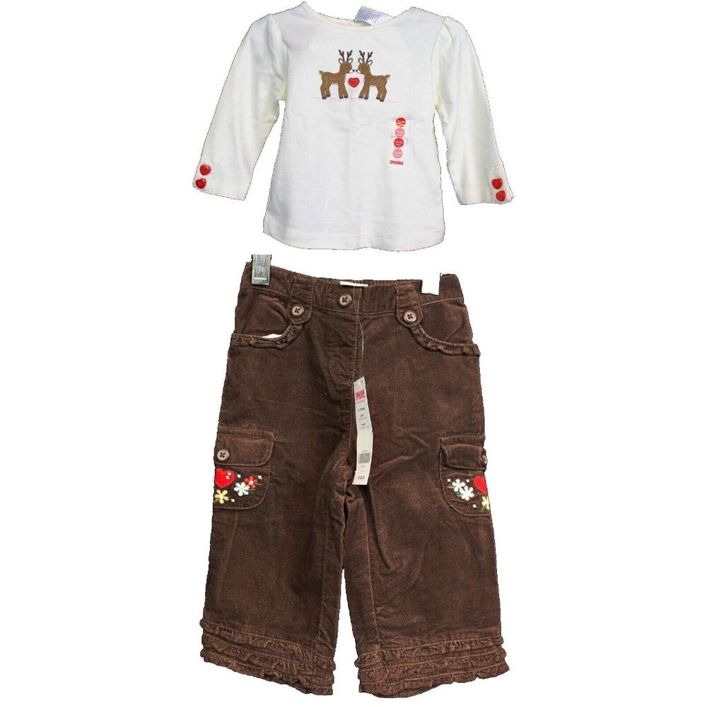 2007 Gymboree Moutain Ca Outfit 12-18 Mths Baby Shirt Pants Reindeer Heart Brown